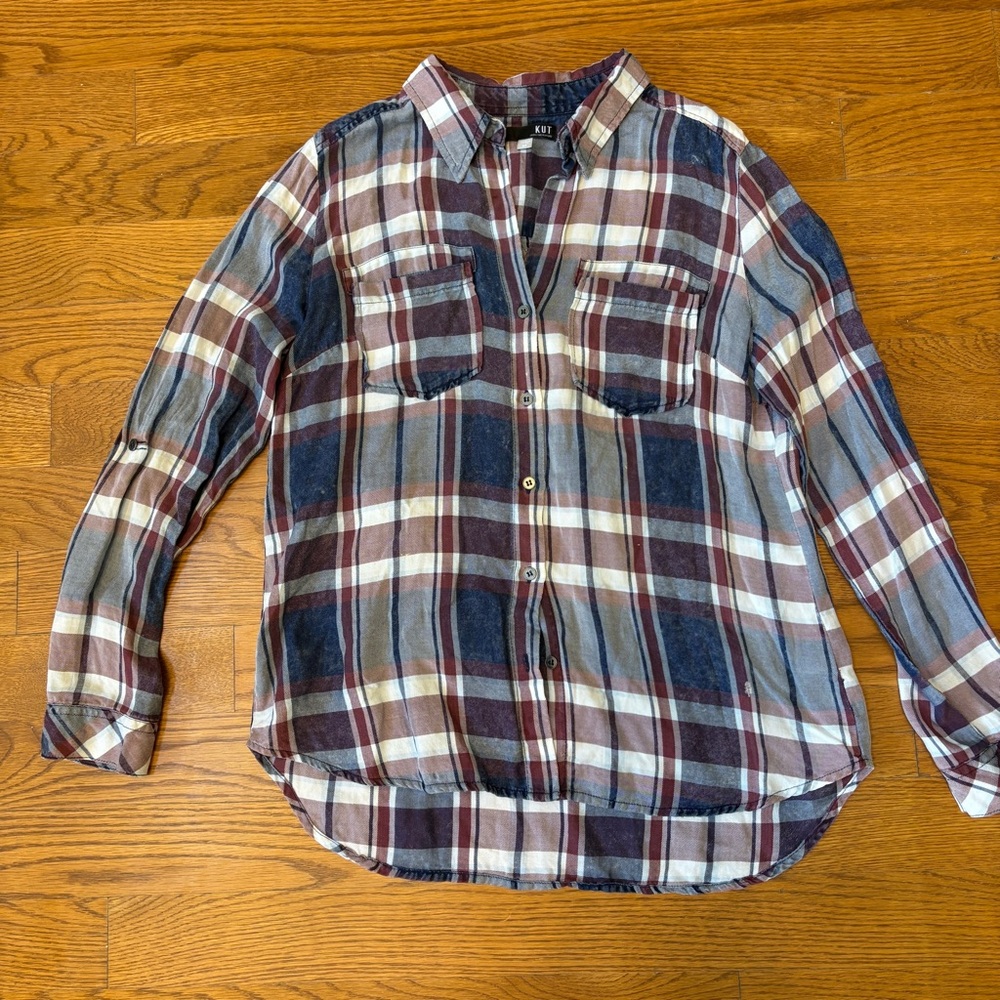 Kut from the Kloth Burgundy and Cream Plaid Shirt